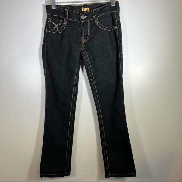 Tag Denim Jeans Embroidered Bootcut Black Dark Wash ID# 1067 Stretch Size 27 EUC - Picture 2 of 16